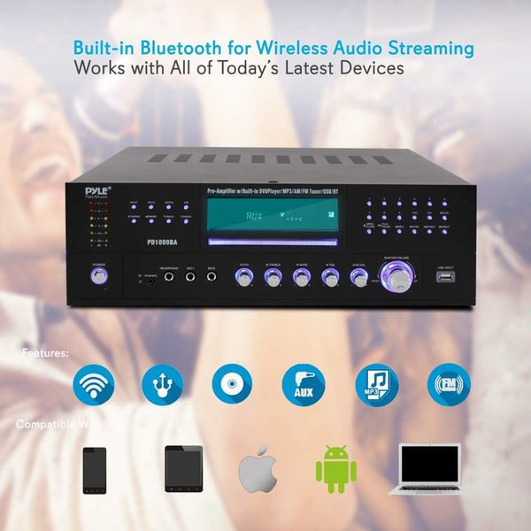 4-Channel Wireless Bluetooth Power Amplifier - 1000W Stereo Speaker Home Audio Receiver