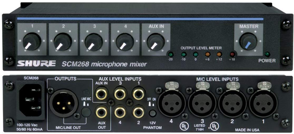 paritet Betinget spænding Shure SCM268 4-Channel Microphone Mixer, 6 Transformers, Phantom Power –  Pete's Audio Tuners & Amplifiers