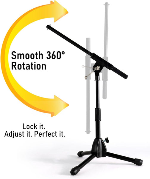 Stage Rocker Foldable Tripod Low-Profile Mic Boom Stand - Height Extending from 9.6'' to 16.9'', w/Adjustable Telescoping Arm Up to 9'', Lightweight/Convenient, Black