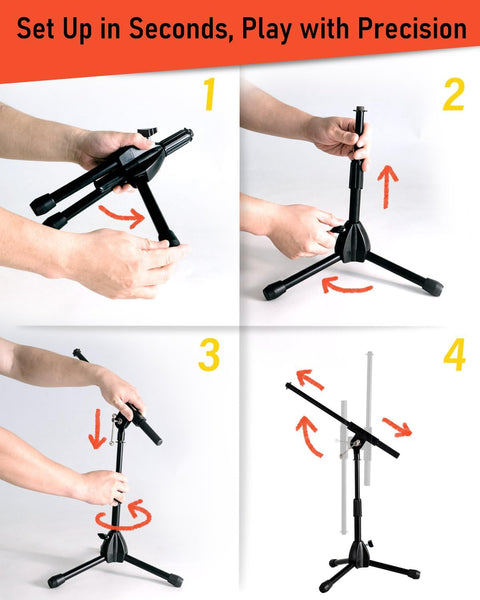 Stage Rocker Foldable Tripod Low-Profile Mic Boom Stand - Height Extending from 9.6'' to 16.9'', w/Adjustable Telescoping Arm Up to 9'', Lightweight/Convenient, Black