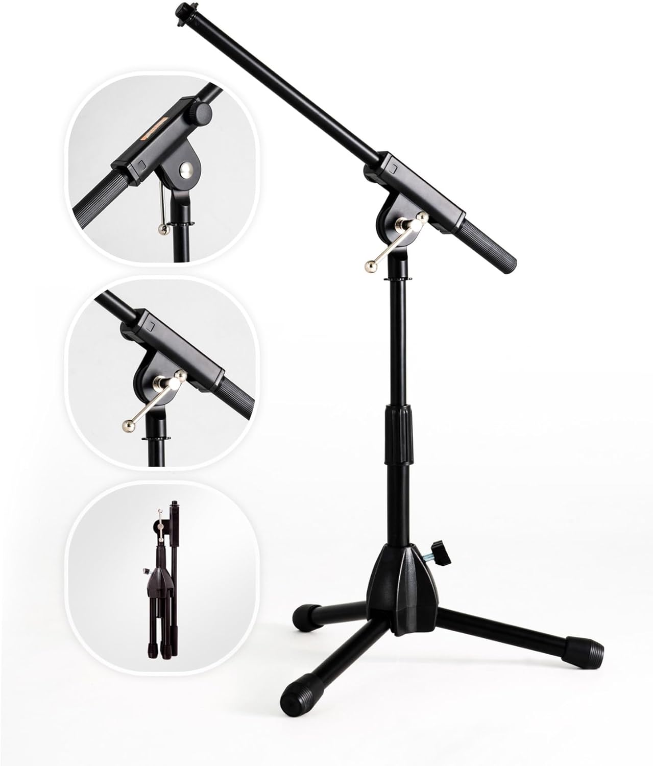 Stage Rocker Foldable Tripod Low-Profile Mic Boom Stand - Height Extending from 9.6'' to 16.9'', w/Adjustable Telescoping Arm Up to 9'', Lightweight/Convenient, Black