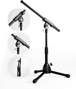 Stage Rocker Foldable Tripod Low-Profile Mic Boom Stand - Height Extending from 9.6'' to 16.9'', w/Adjustable Telescoping Arm Up to 9'', Lightweight/Convenient, Black