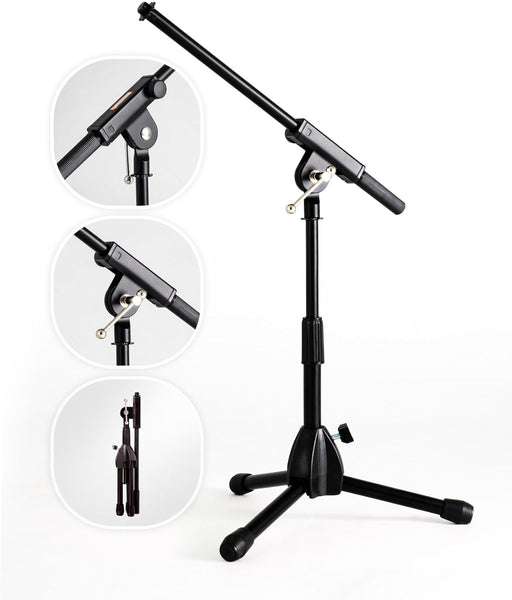 Stage Rocker Foldable Tripod Low-Profile Mic Boom Stand - Height Extending from 9.6'' to 16.9'', w/Adjustable Telescoping Arm Up to 9'', Lightweight/Convenient, Black