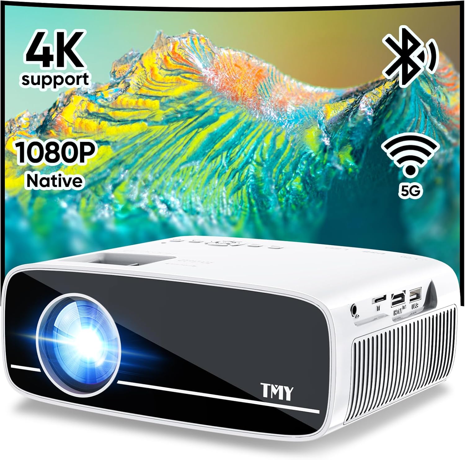 TMY Native 1080P Projector with 5G WiFi and Bluetooth 5.1, 4K Supported Mini Projector