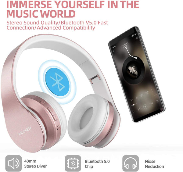 AILIHEN A80 Bluetooth Wireless Headphones Over Ear with Mic Hi-Fi Stereo Wired Foldable