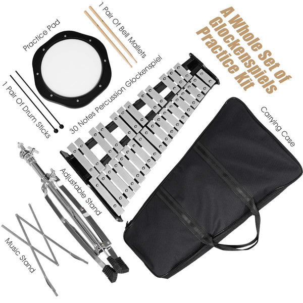 Giantex Percussion Glockenspiel Xylophone Bell Kit 30 Notes w/Practice Pad